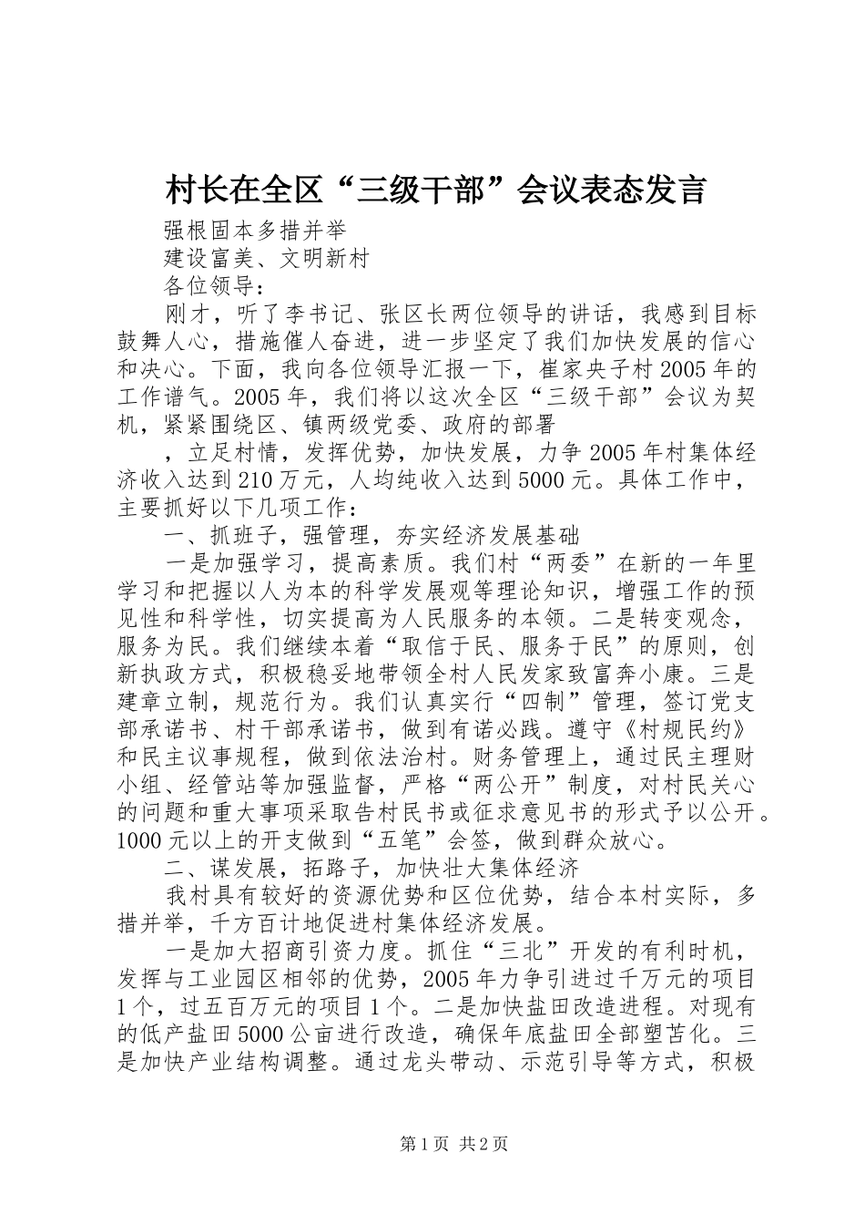 村长在全区“三级干部”会议表态发言稿(9)_第1页