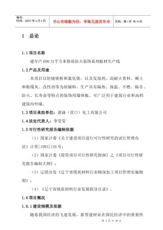 年产690万平方米镁质防火装饰系列板材生产线可行性研究