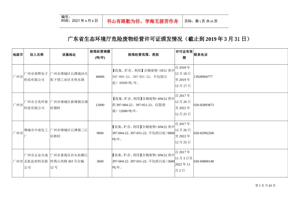 广东省危险废物经营许可证资质清单(截止2019年3月31日)(DOC54页)_第1页