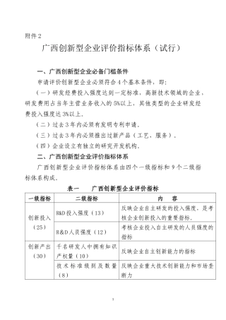 广西创新型企业评价指标体系(试行)