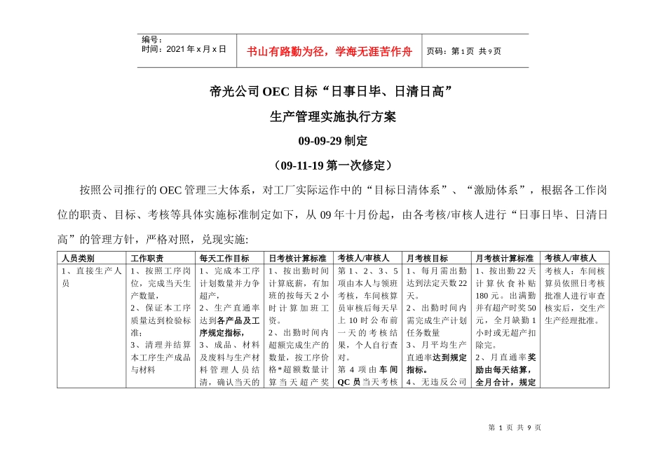 帝光公司OEC目标“日事日毕、日清日高”实施方案_第1页