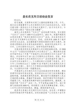 县长在无车日活动会发言稿
