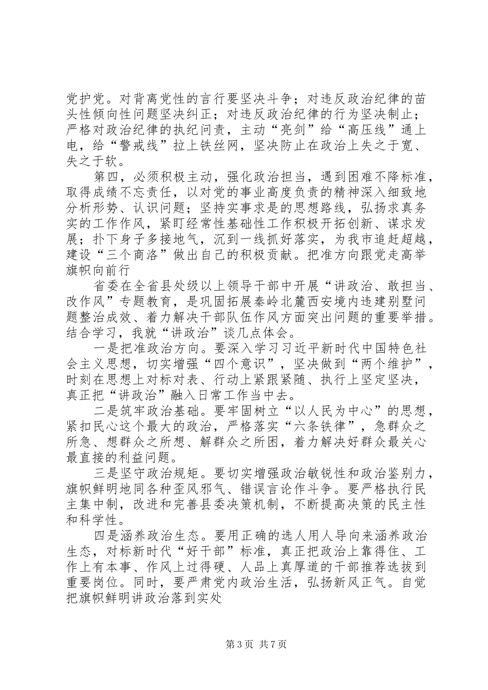 “讲政治、敢担当、改作风”专题教育学习交流发言材料致辞_1_第3页