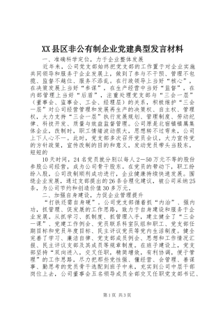 XX县区非公有制企业党建典型发言材料提纲范文