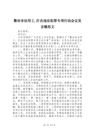 整治非法用工,打击违法犯罪专项行动会议发言范文