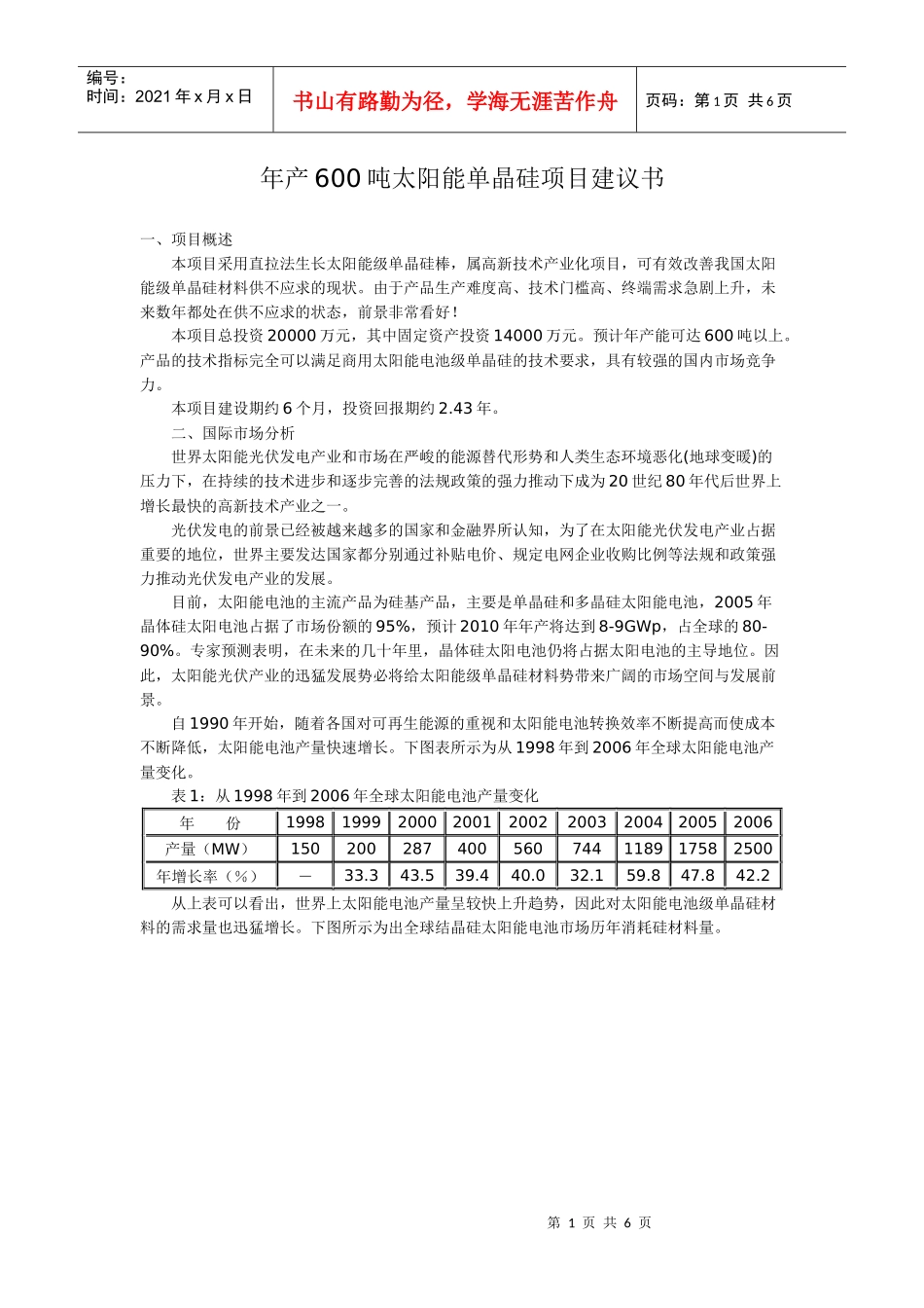 年产600吨太阳能单晶硅项目建议书_第1页