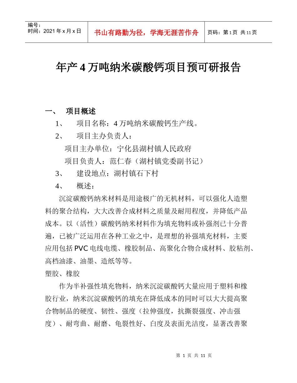 年产4万吨纳米碳酸钙项目预可研报告_第1页