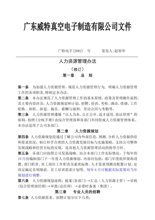 广东某某真空电子制造公司人力资源管理办法