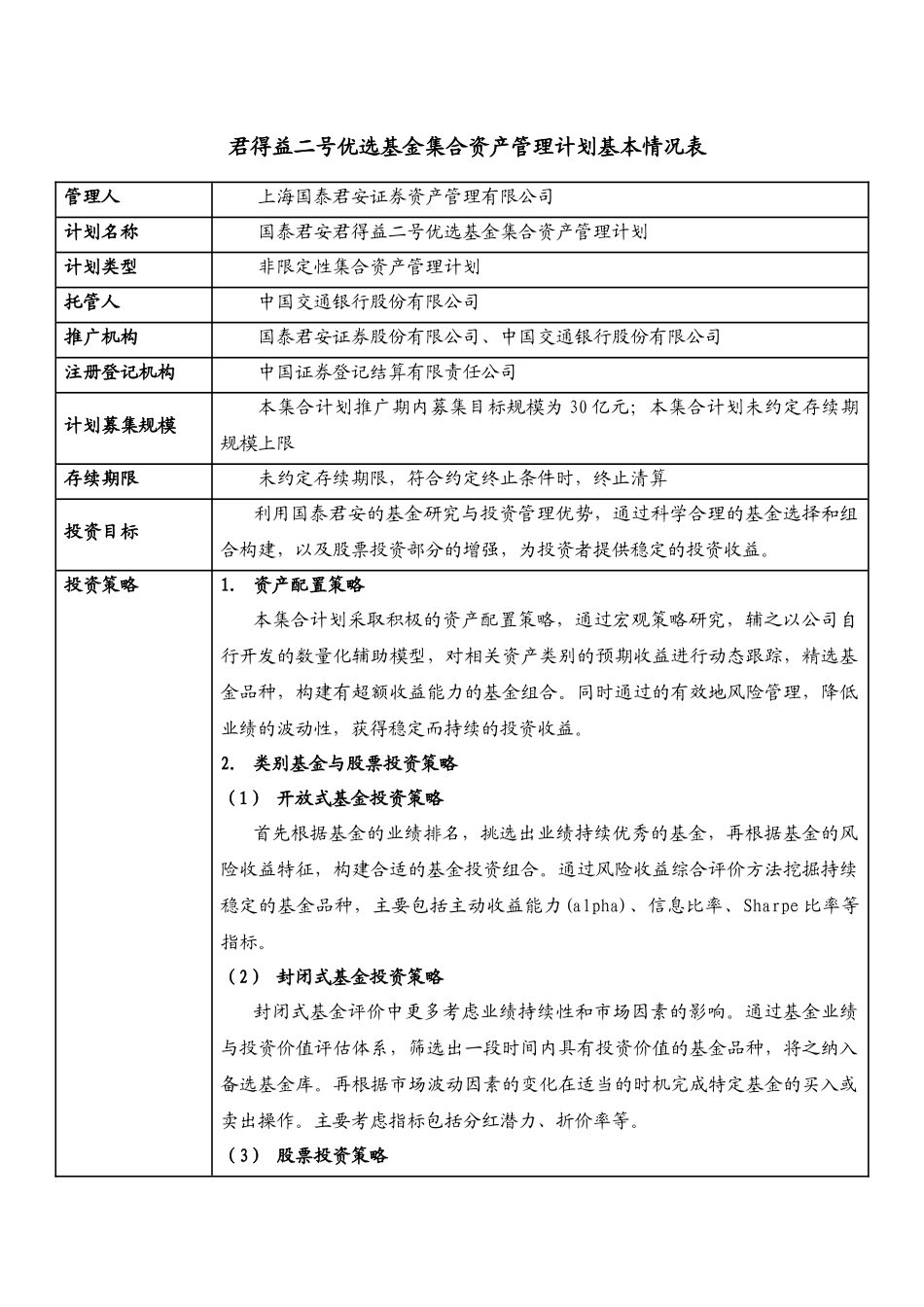 君得益二号优选基金集合资产管理计划基本情况表_第1页