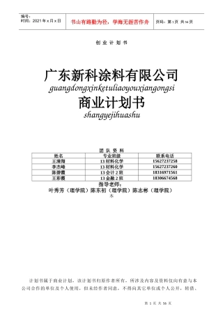 广东新科涂料有限公司计划书(终稿)