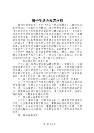 班子生活会发言材料提纲