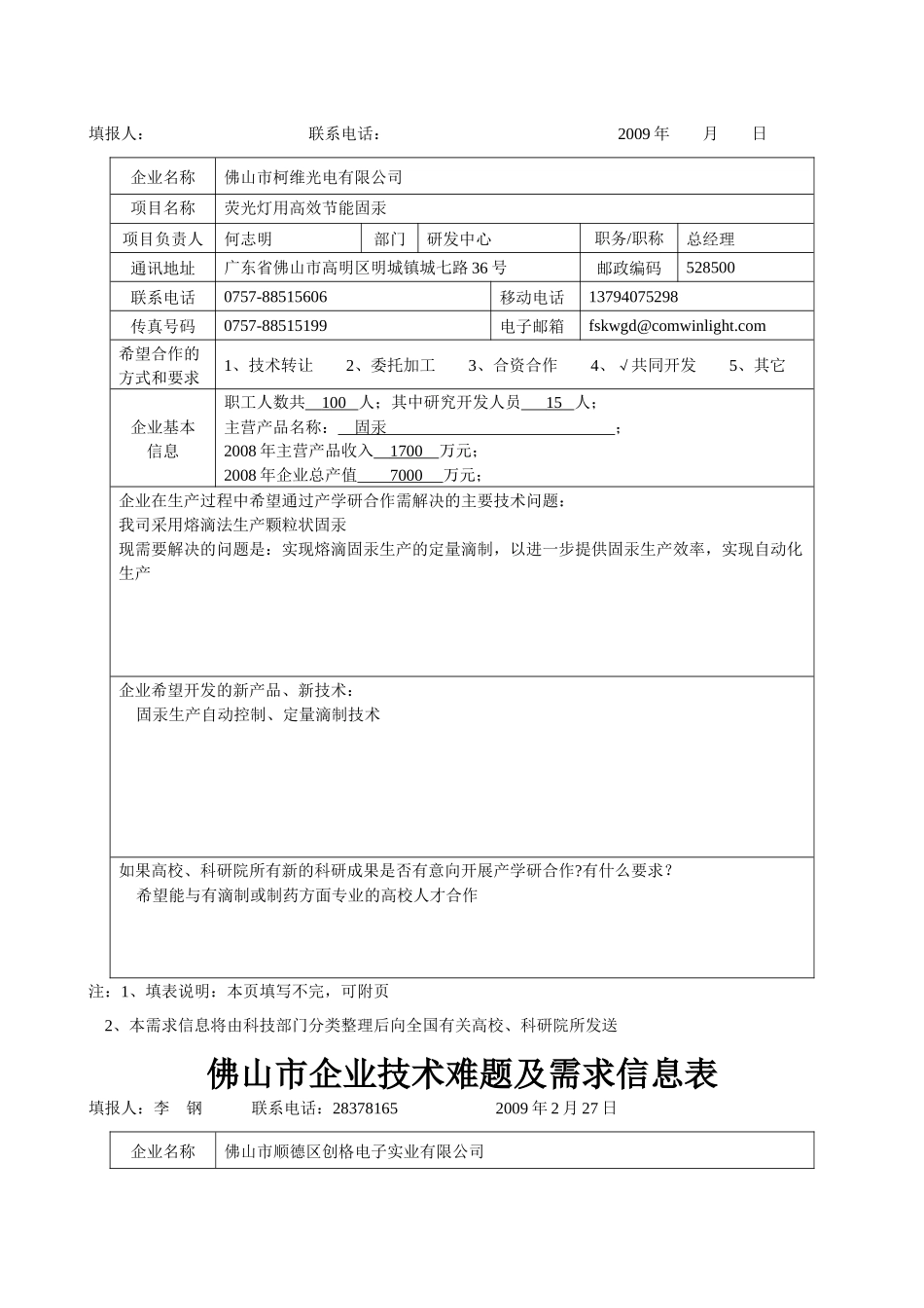 佛山市企业技术难题及需求信息表_第2页