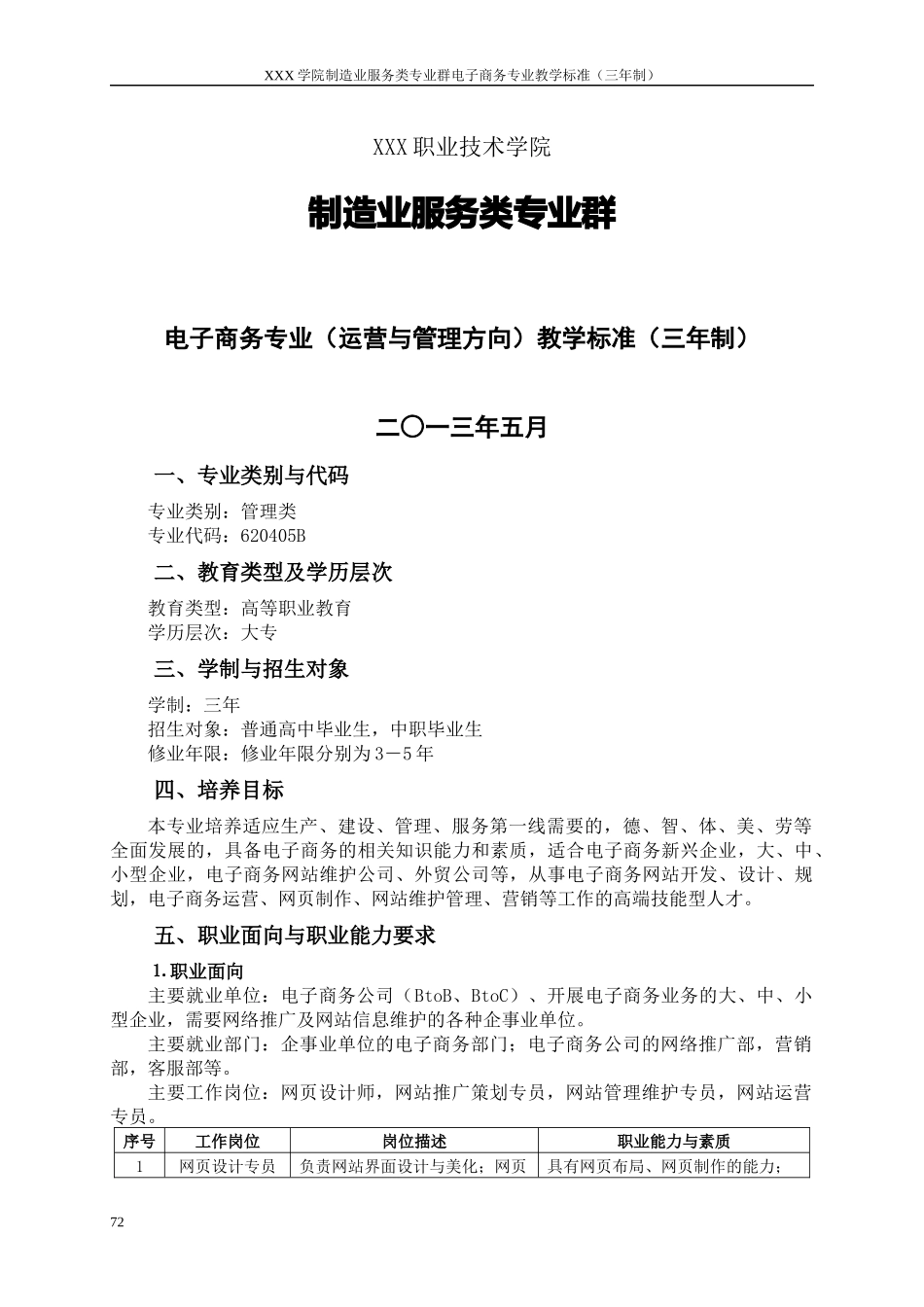 XXXX级-电子商务专业教学标准_第1页