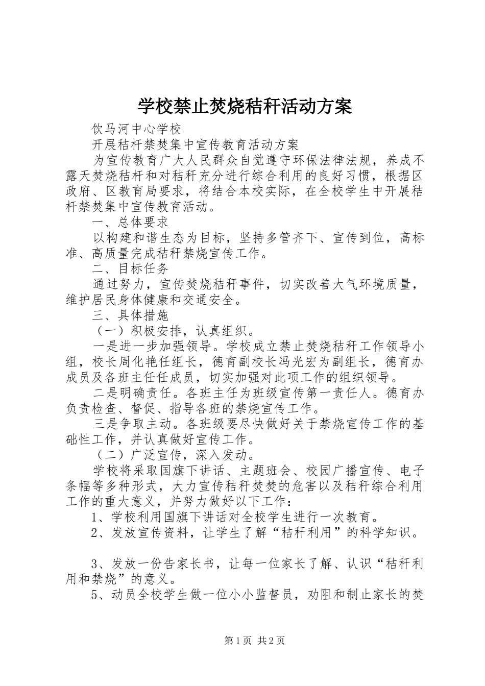 学校禁止焚烧秸秆活动方案_第1页