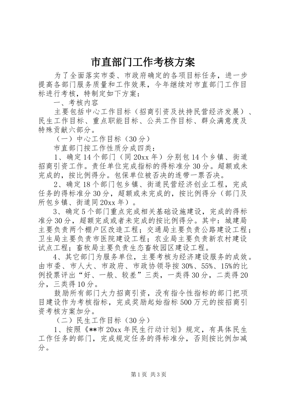 市直部门工作考核方案_第1页