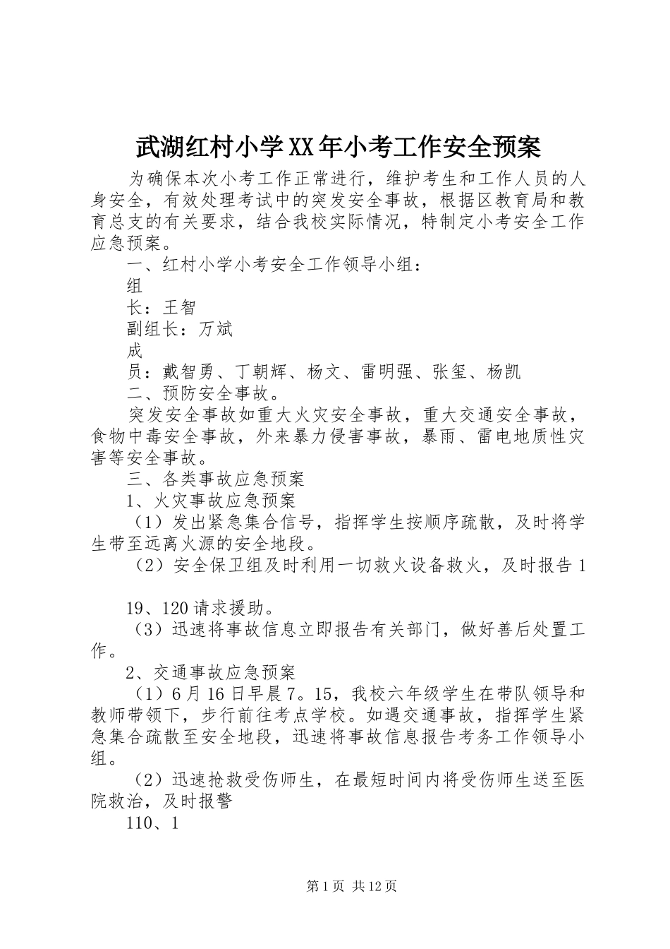 武湖红村小学XX年小考工作安全预案_第1页