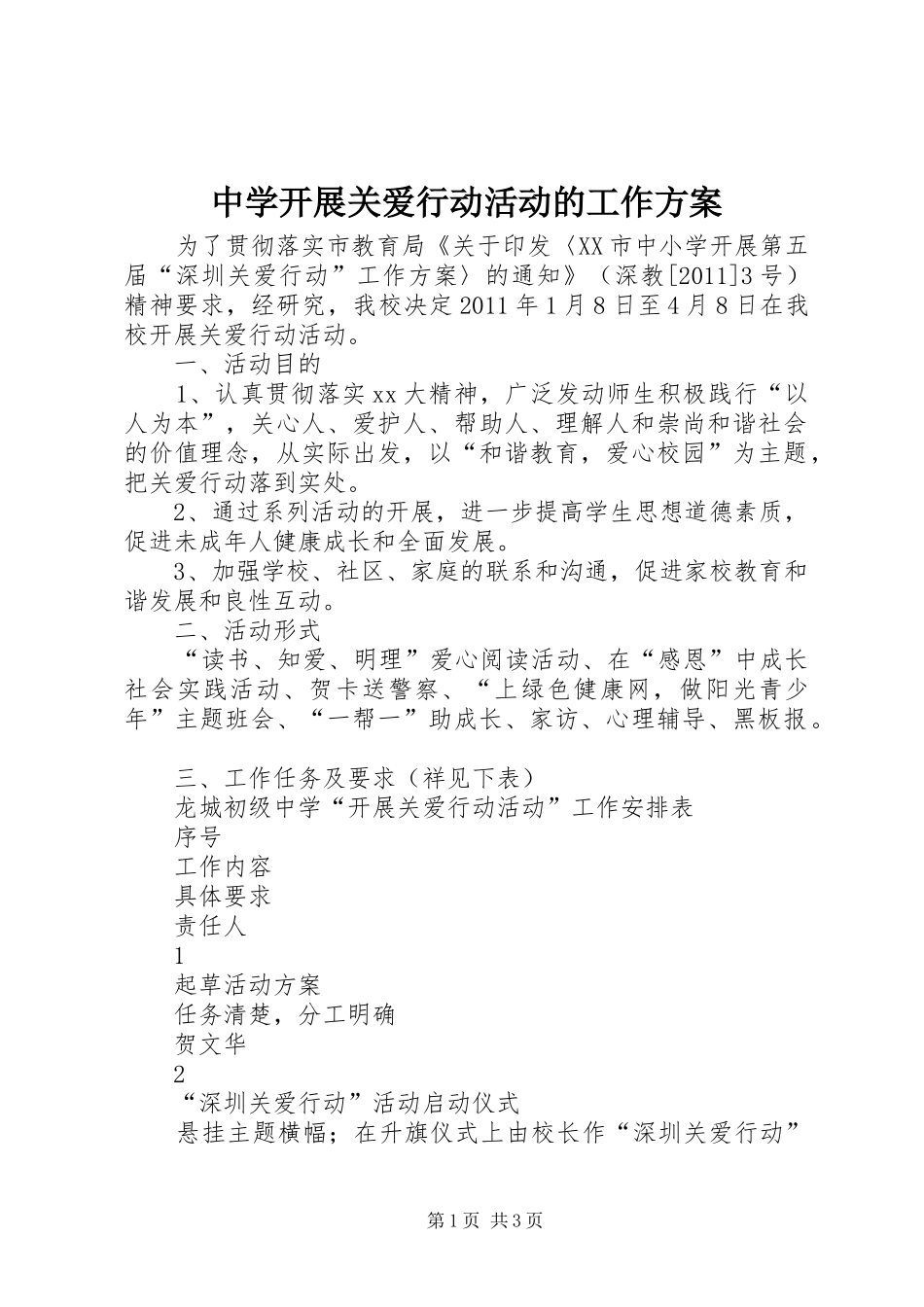 中学开展关爱行动活动的工作方案_第1页