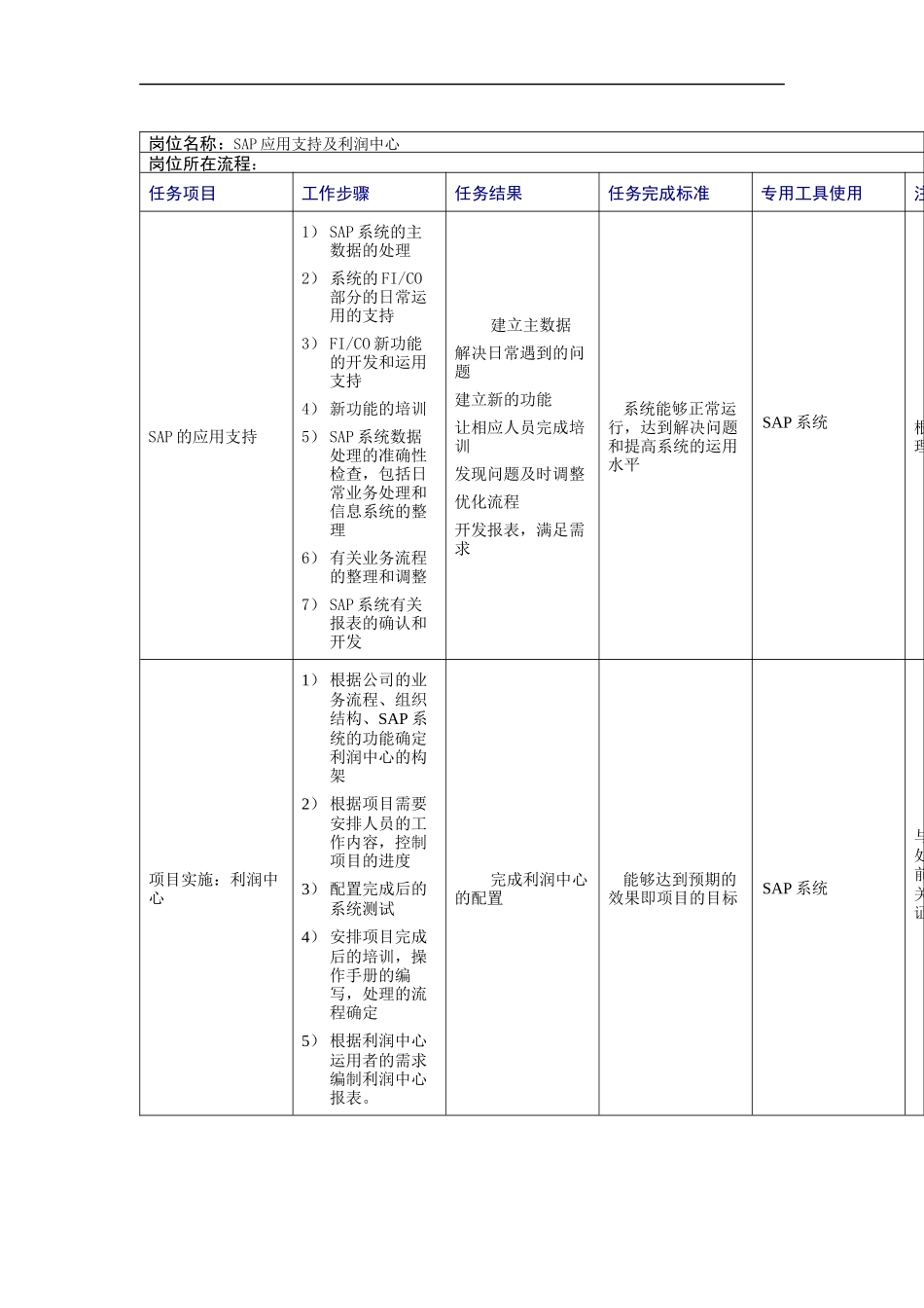 SAP应用支持及利润中心岗位说明书_第1页