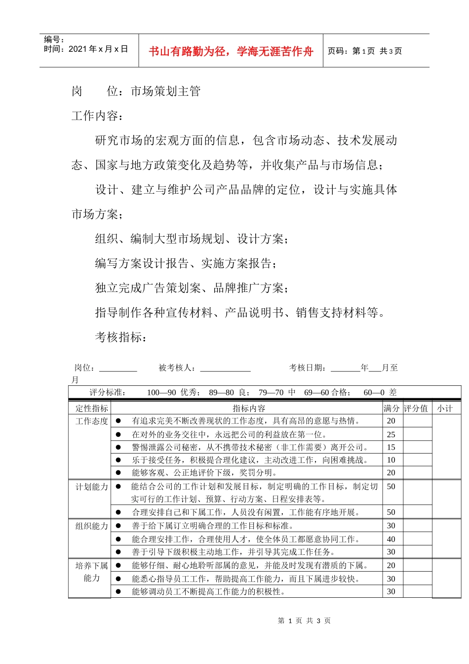 岗位工作内容和年度定性考核指-市场策划主管_第1页