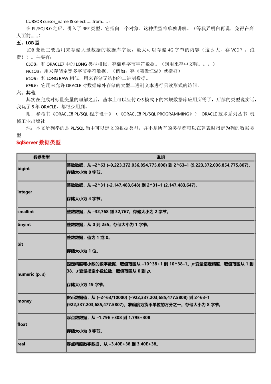 MySqlOracleSqlServer三大数据库的数据类型列表汇编_第3页