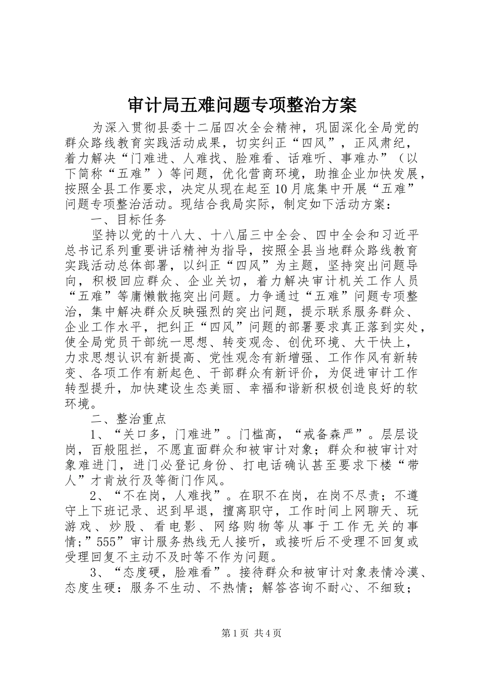 审计局五难问题专项整治方案_第1页