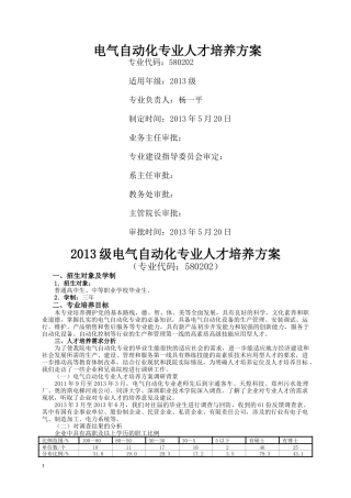 XXXX电气自动化专业人才培养方案(三年制)