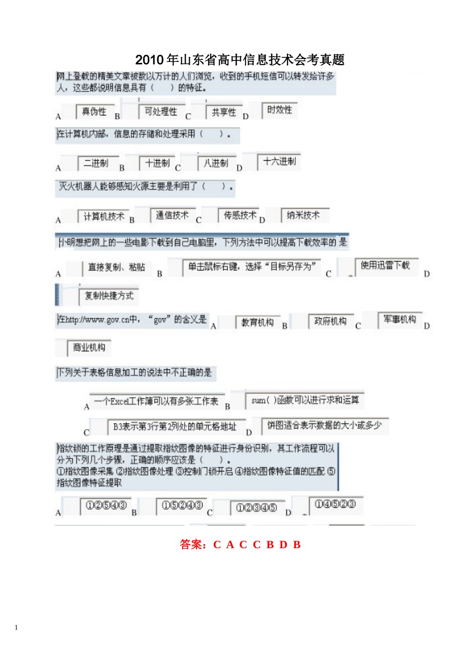 XXXX年山东省高中信息技术会考真题_第1页