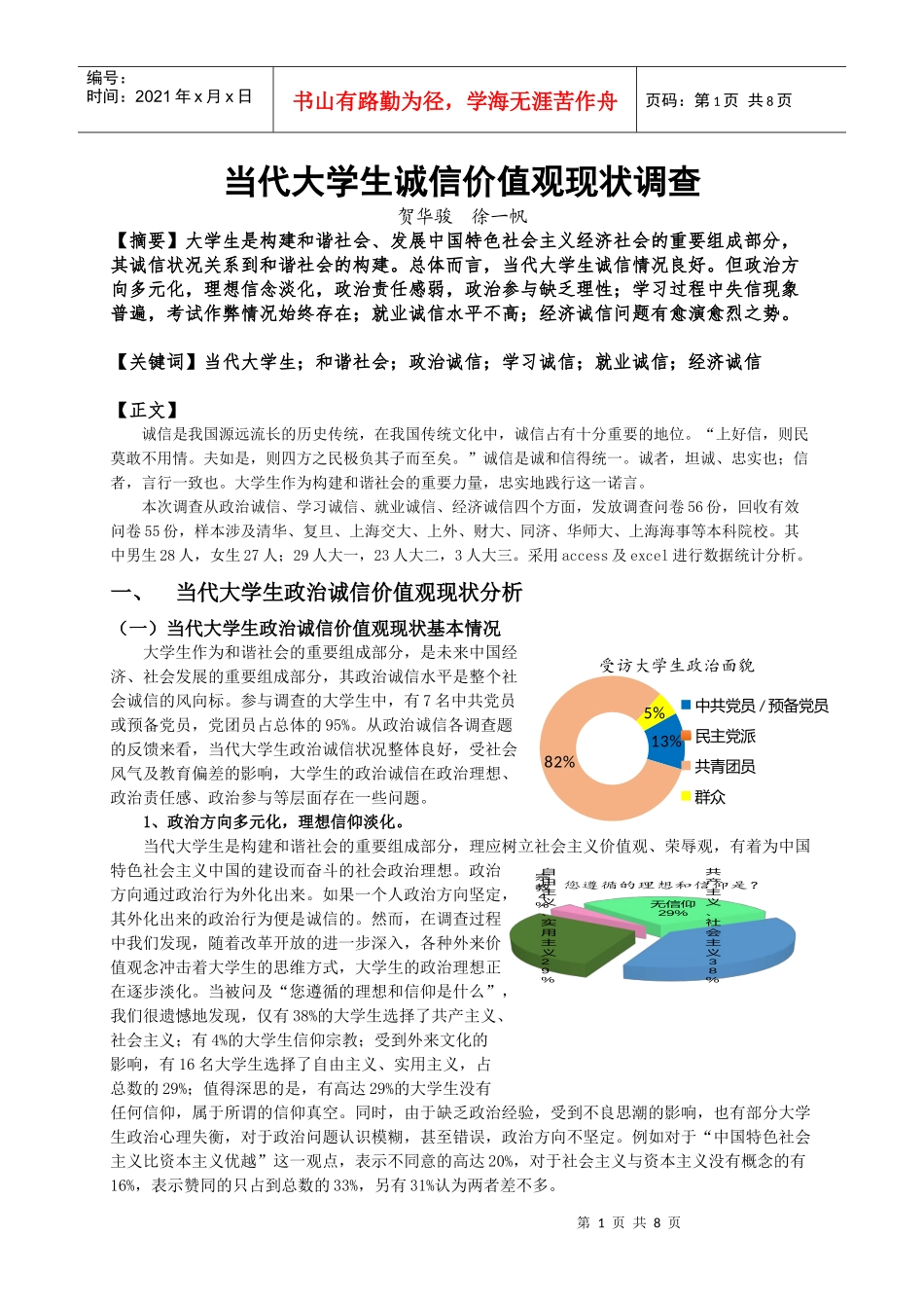 当代大学生诚心价值观现状调查(论文)_第1页