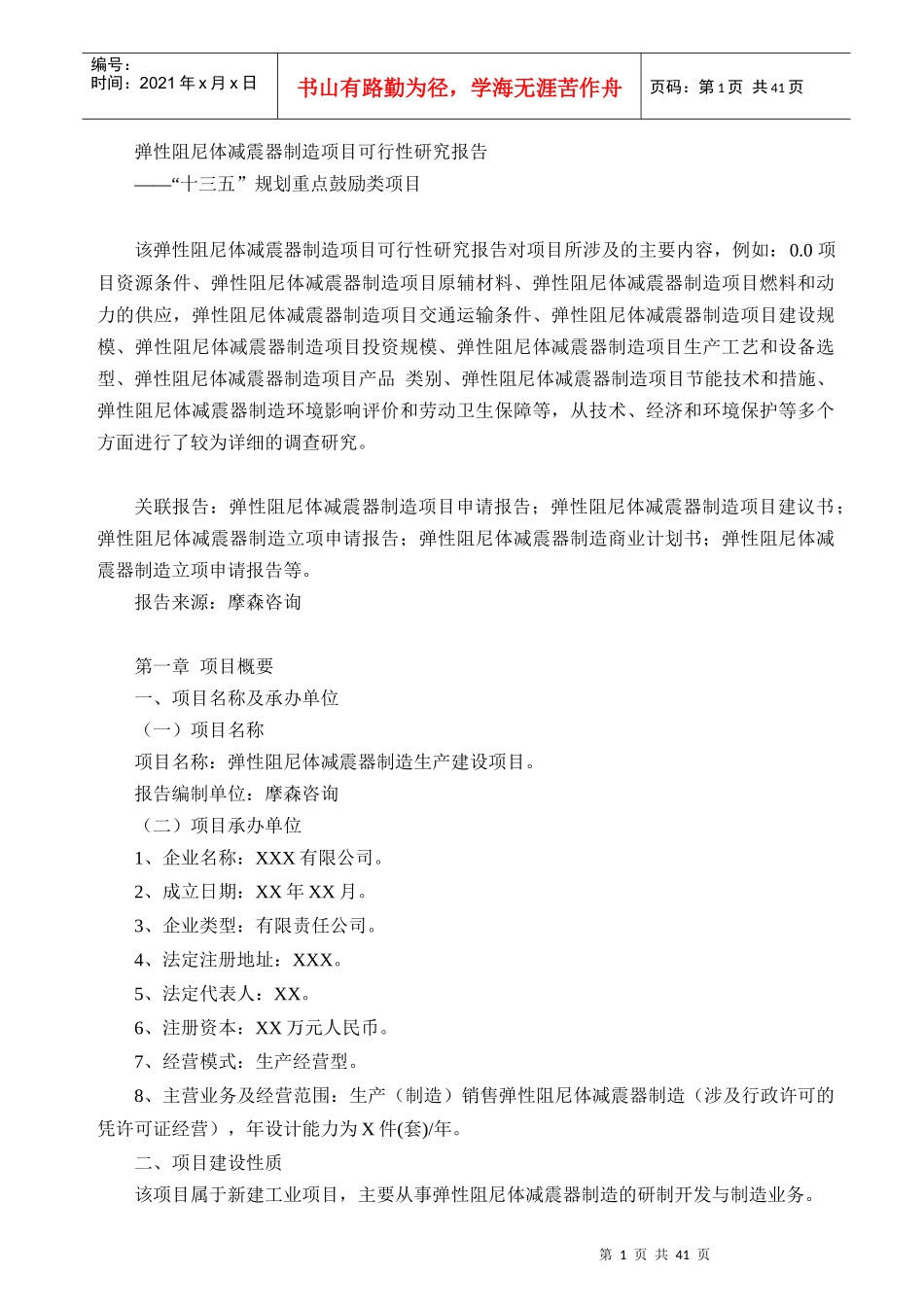 弹性阻尼体减震器制造项目可行性研究报告_第1页