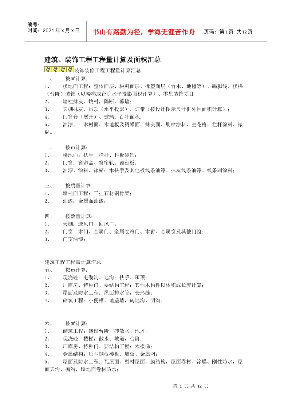 建筑、装饰工程工程量计算及面积汇总_第1页