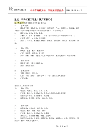 建筑、装饰工程工程量计算及面积汇总