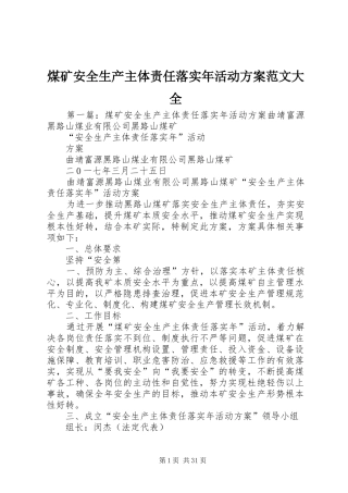 煤矿安全生产主体责任落实年活动方案范文大全