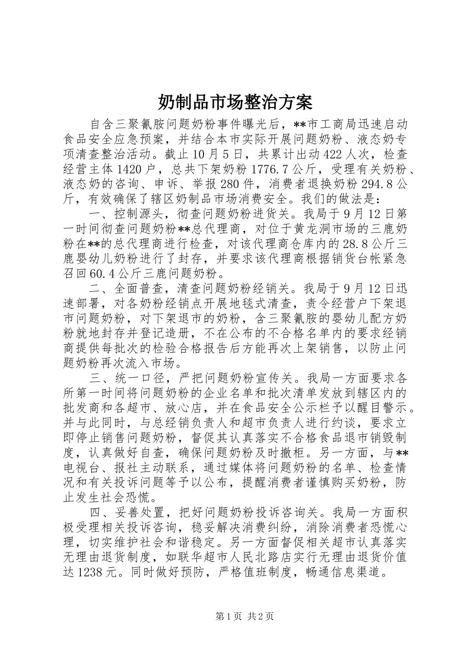 奶制品市场整治方案_第1页