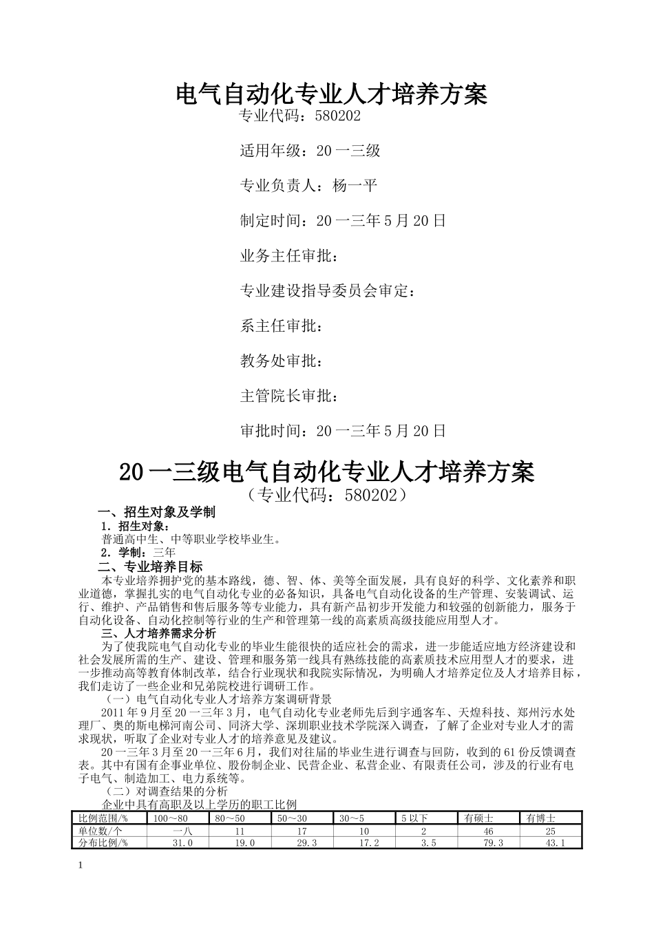 电气自动化专业人才培养方案_第1页