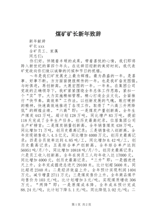 煤矿矿长新年演讲致辞范文