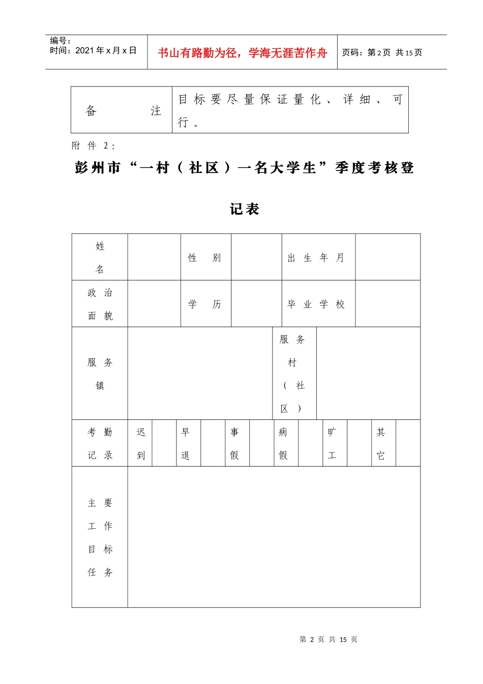 彭州市一村(社区)一名大学生目标管理责任书_第2页