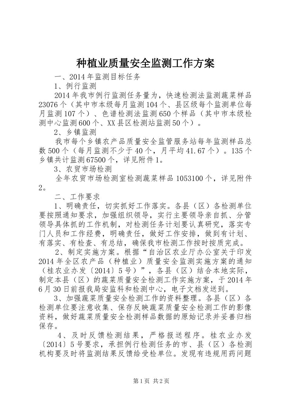 种植业质量安全监测工作方案_第1页