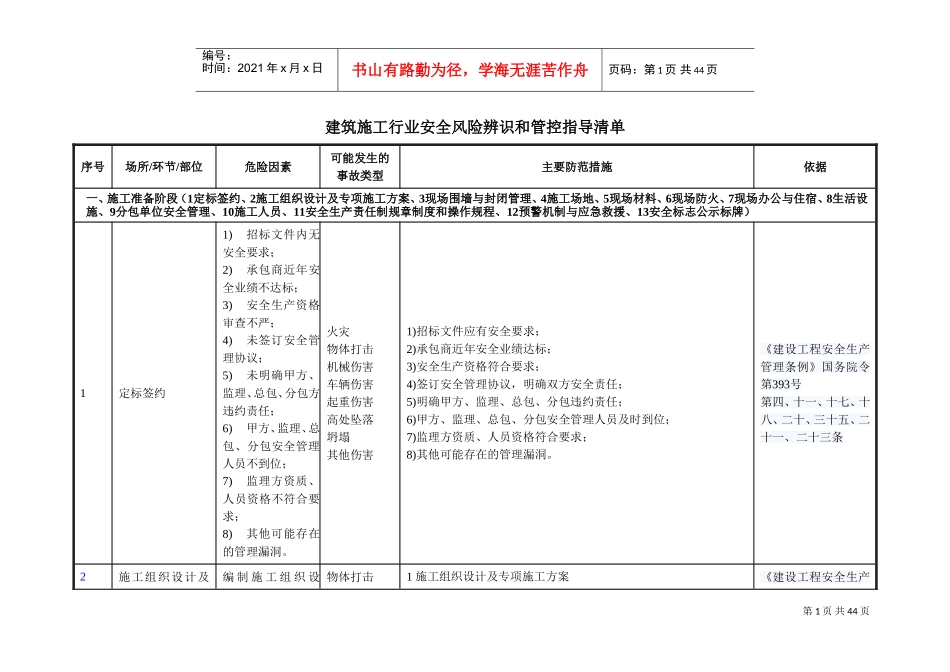 建筑施工行业安全风险辨识和管控指导清单(DOC42页)_第1页