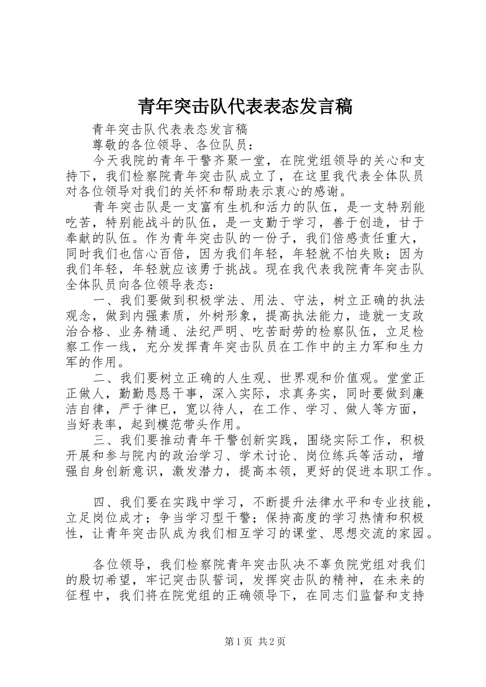 青年突击队代表表态发言_第1页