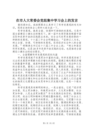 在市人大常委会党组集中学习会上的发言稿