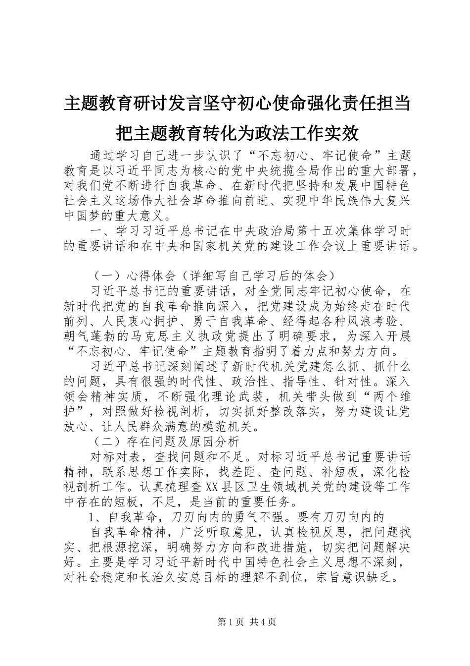 主题教育研讨发言稿坚守初心使命强化责任担当把主题教育转化为政法工作实效 (3)_第1页