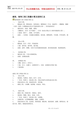 建筑装饰工程工程量计算及面积汇总