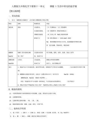人教版九年级化学下册第十一单元课题1生活中常见的盐复习学案