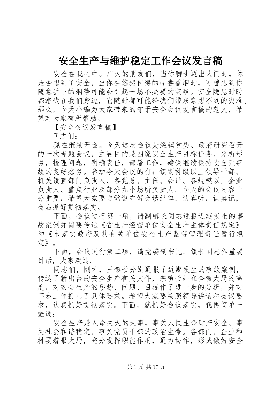 安全生产与维护稳定工作会议发言_第1页