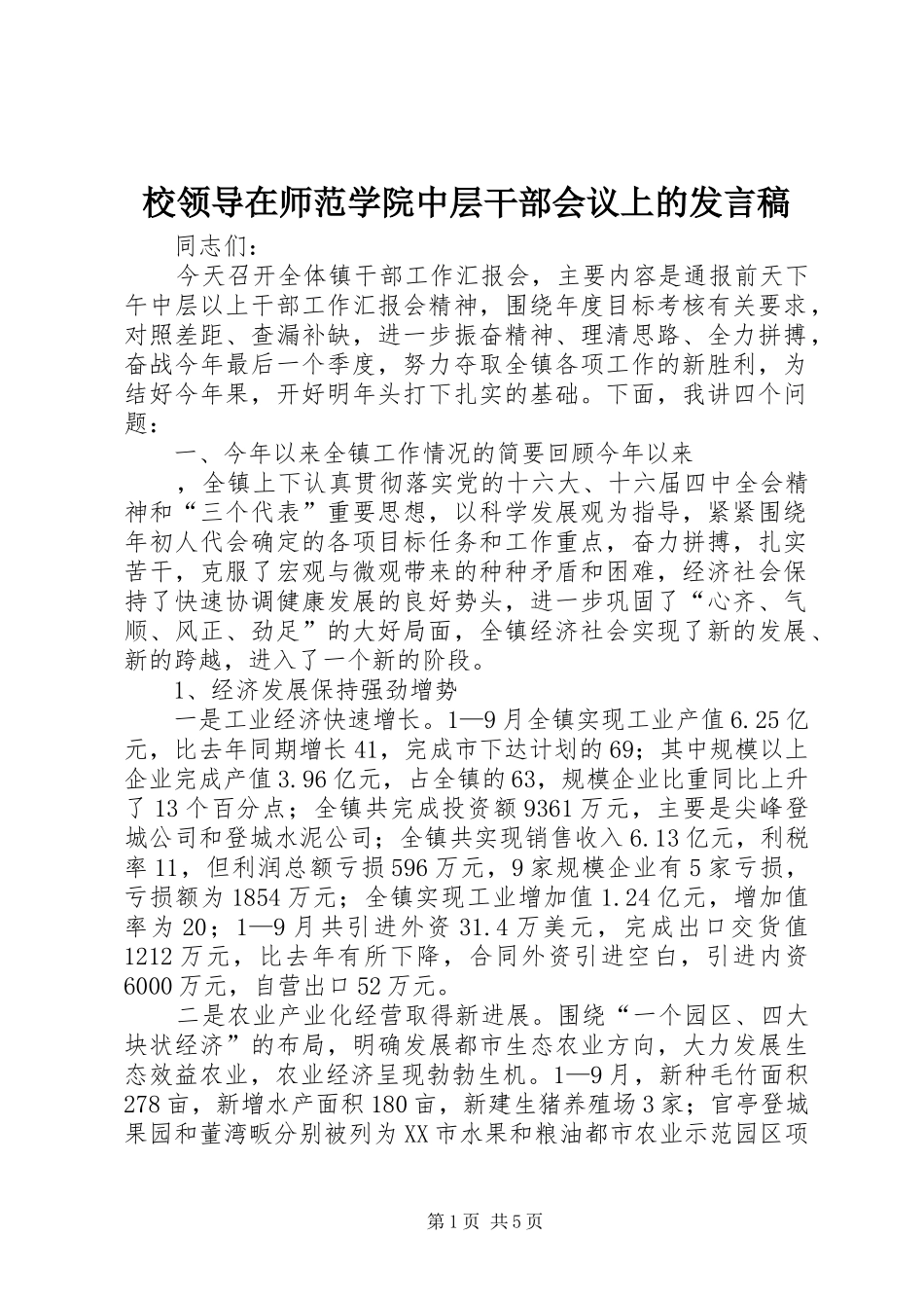 校领导在师范学院中层干部会议上的发言稿范文_第1页