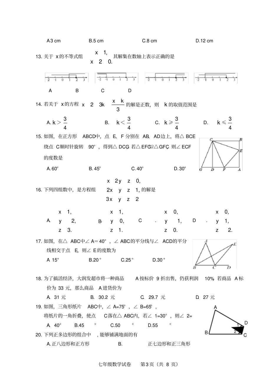 射洪县2017～2018学年度下期末文化素质测试题七年级数学_第3页