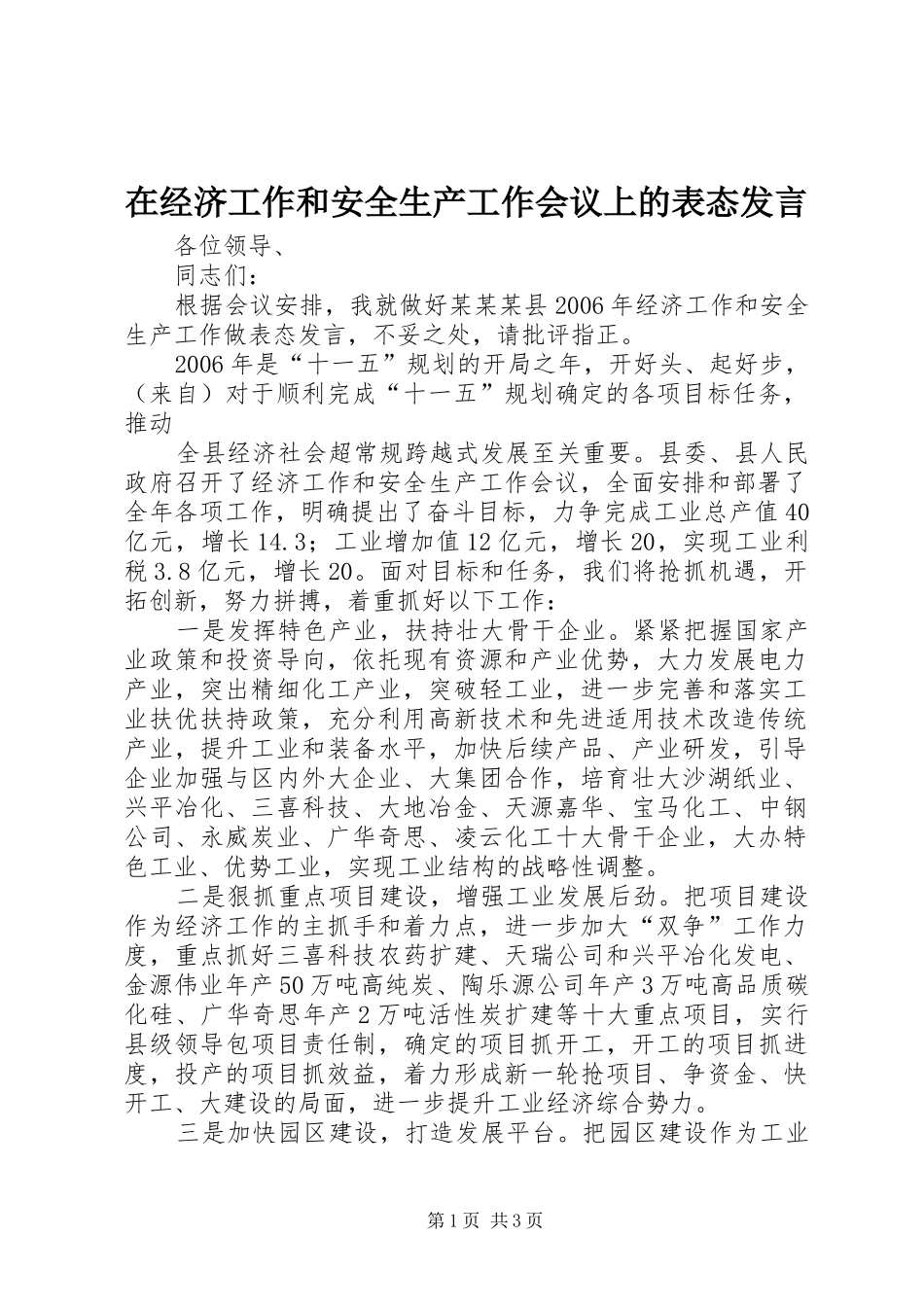 在经济工作和安全生产工作会议上的表态发言稿 (2)_第1页