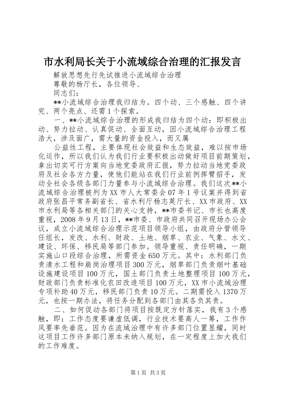 市水利局长关于小流域综合治理的汇报发言稿_第1页