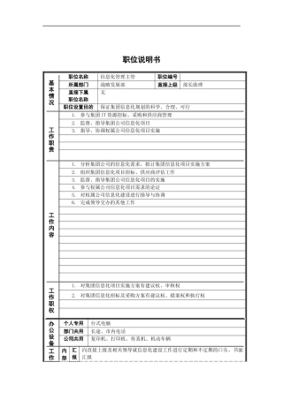 战略发展部_信息化管理主管_岗位说明书