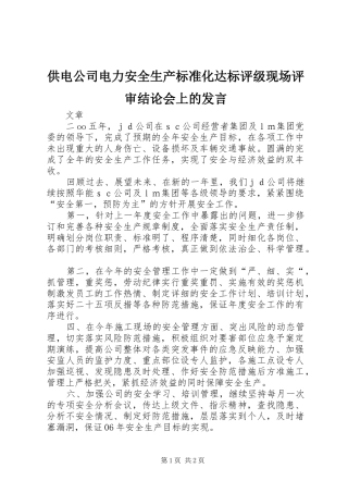 供电公司电力安全生产标准化达标评级现场评审结论会上的发言稿 (2)